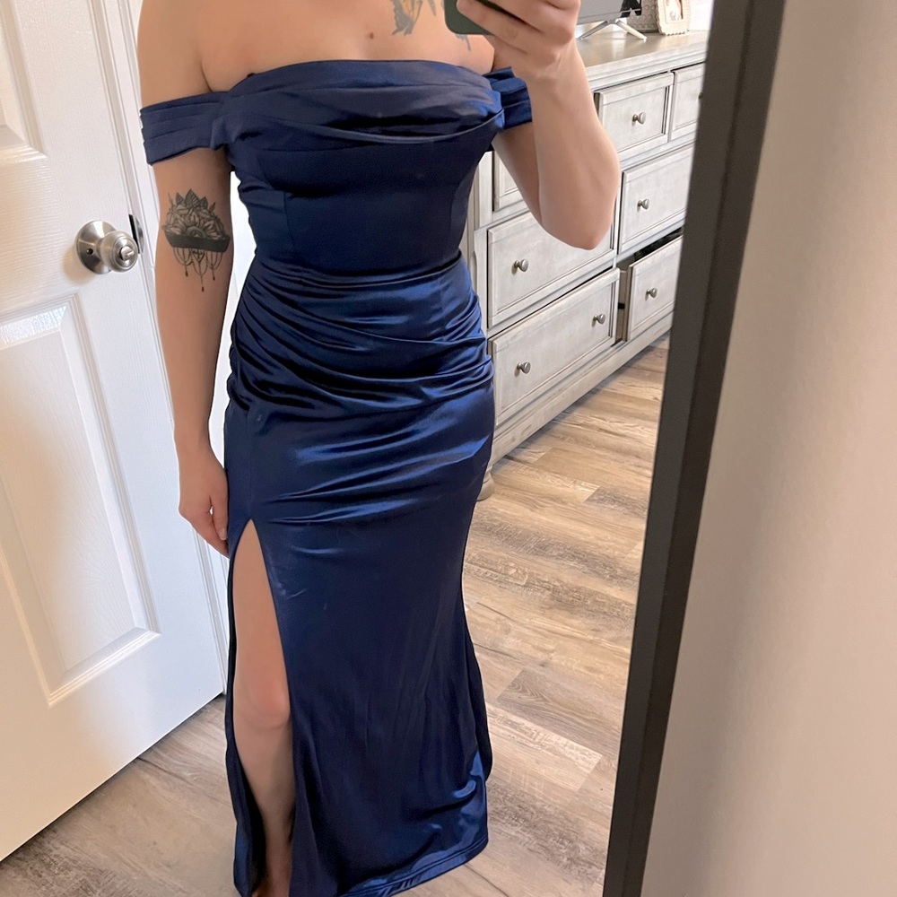 Beautiful satin blue dress with slit